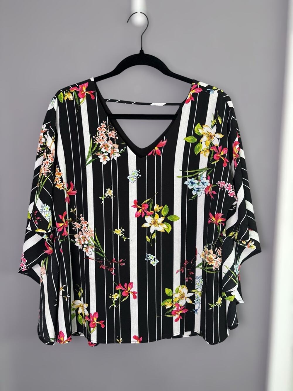 Artex Black White Striped Floral Blouse Dolman Sleeve Large
